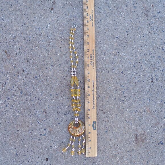 Handmade Gold Beaded Necklace Resin Donut Pendant Boho Statement Jewelry - Picture 3 of 4